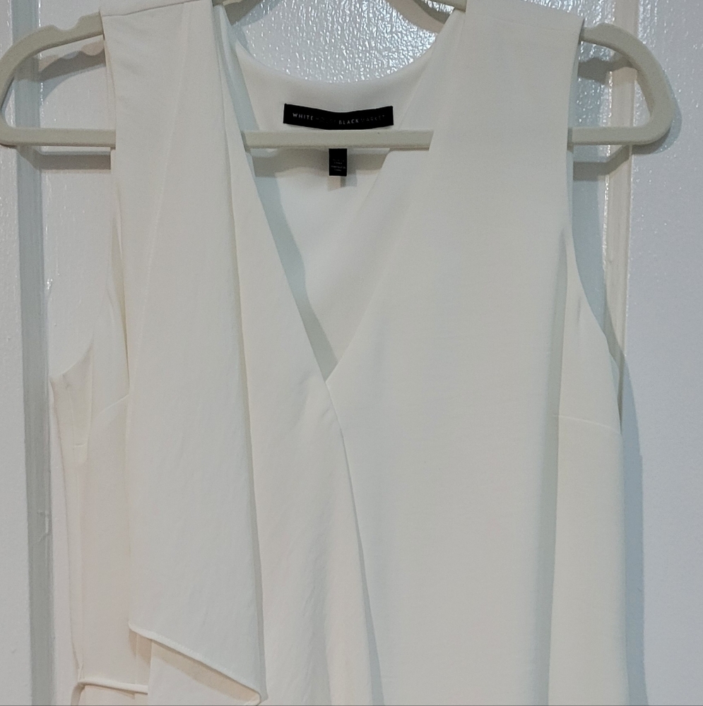 White House Black Market White Sleeveless Waterfall Ruffle Faux Wrap Dress Sz 8